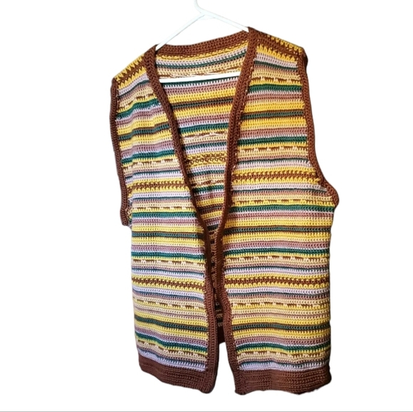 Handmade Crocheted 70s Boho Hippie Open Front Cardigan Sweater Brown Vest - Picture 7 of 7